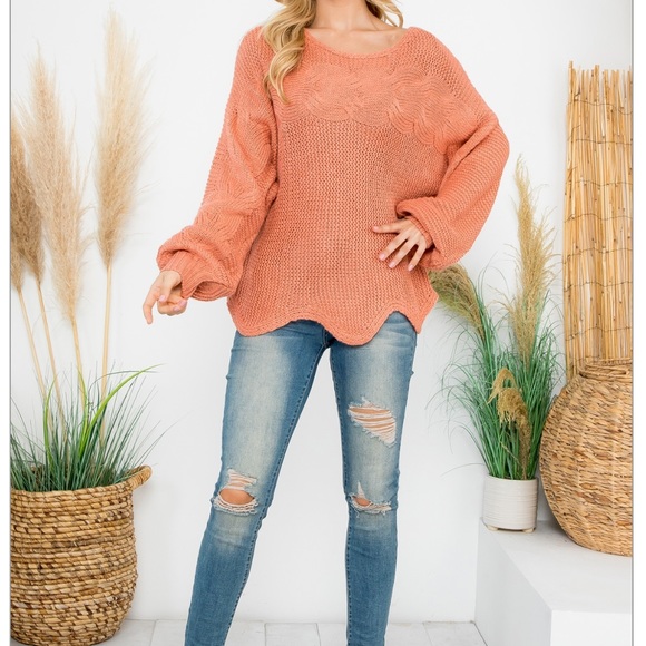 Boho Ballon Sleeves Scallop Hem Sweater - Picture 2 of 3